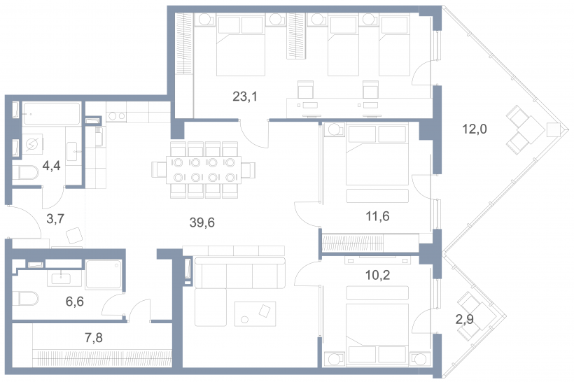 Трёхкомнатная квартира 122.6 м²